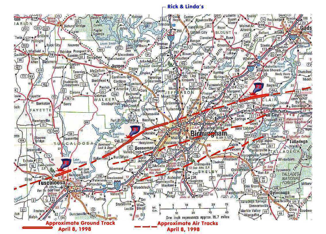 Birmingham Area Tornado Tracks - April 8, 1998
