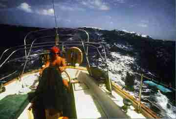 Rich at the helm of the Sassafras - blue water sailing